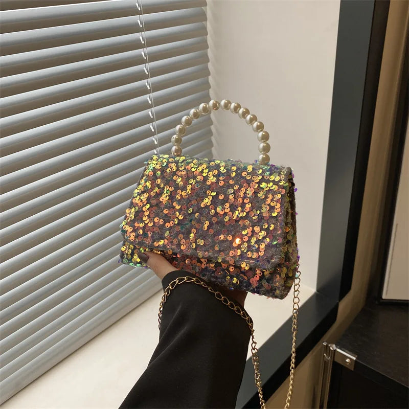 2025 Fashion Hot Selling Pu Bags Chain Designer Women's Bag Shoulder Cross-body Sequins Pearl Handbag Ladies Luxury Evening Bag