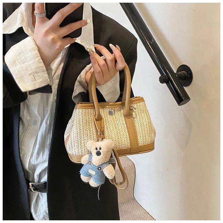 Casual Contrast Color Fashon Lady Straw Handbag for Women Versatile Work Shoulder PU Messenger Bag  Women Bags Designer