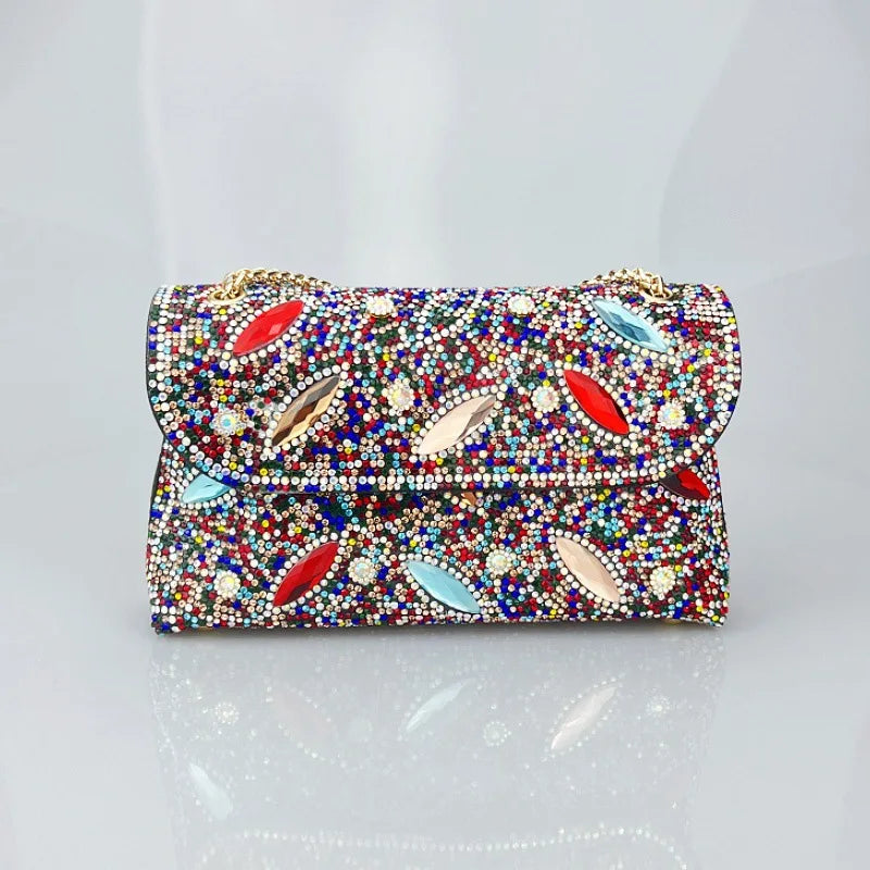 Tendencia Chain Bag with Diamonds for Women Branded Handbags for Women Zipper Pu Polyester Bags with Full Stone for Women