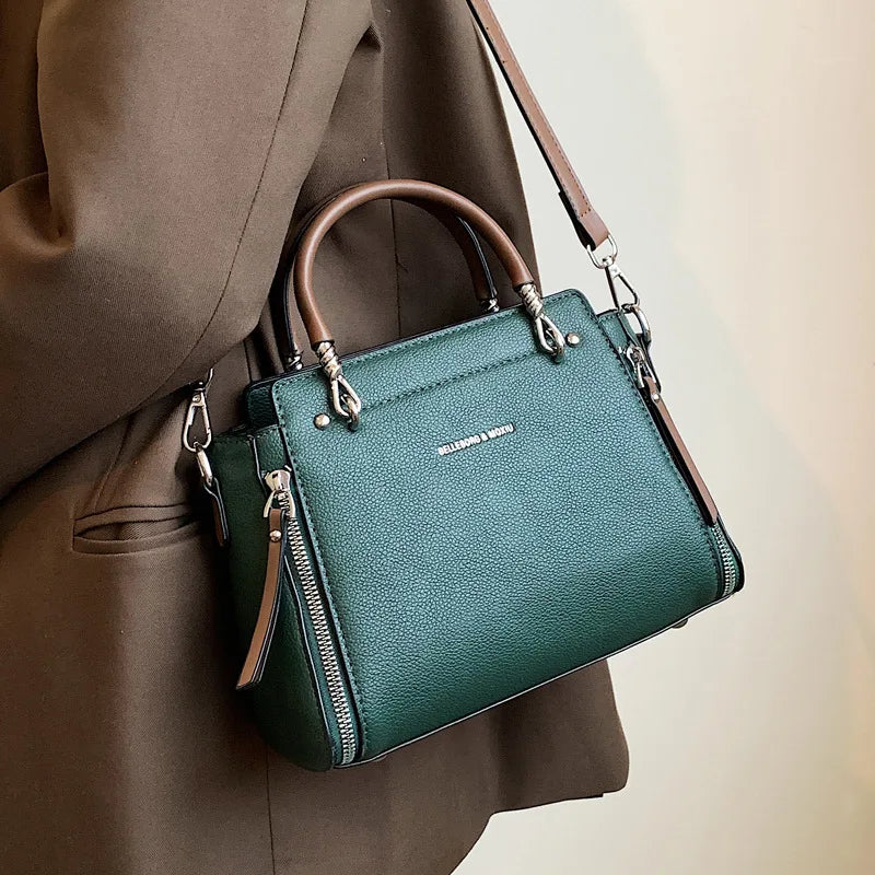 2024 New Fashion Color Collision Cross-body Bag Simple Retro Style Bag for Women Double Zipper Handheld Womens Leather Tote Bag