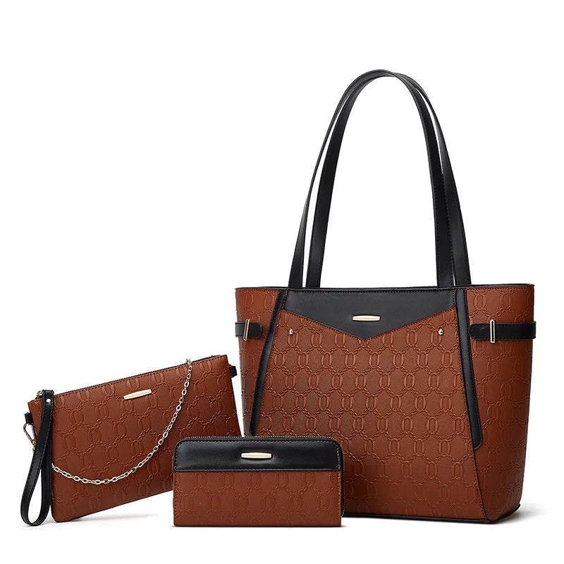 Three Piece Set Stylish and High-end Handbags Woven Patterned PU Women's Bag Classic Retro  Fashion Bags for Women