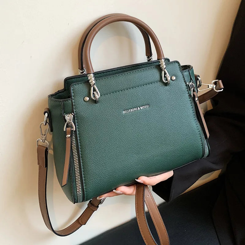 2024 New Fashion Color Collision Cross-body Bag Simple Retro Style Bag for Women Double Zipper Handheld Womens Leather Tote Bag