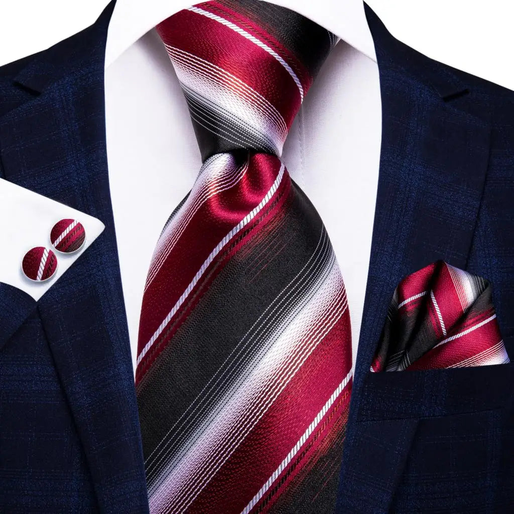 Black Red Striped Silk Wedding Tie For Men Handky Cufflink