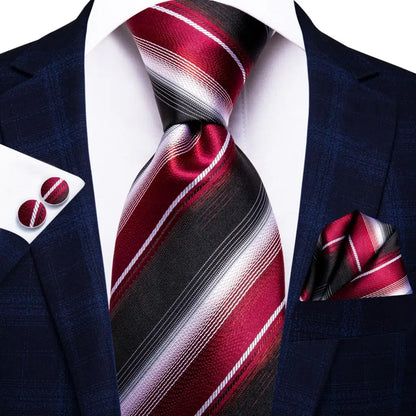 Black Red Striped Silk Wedding Tie For Men Handky Cufflink