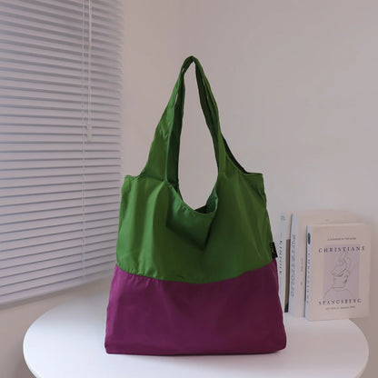 Two-Color Splicing Letter Large Capacity Portable Polyester Folding Satchel Waterproof Shoulder Bag Environmentally Friendly