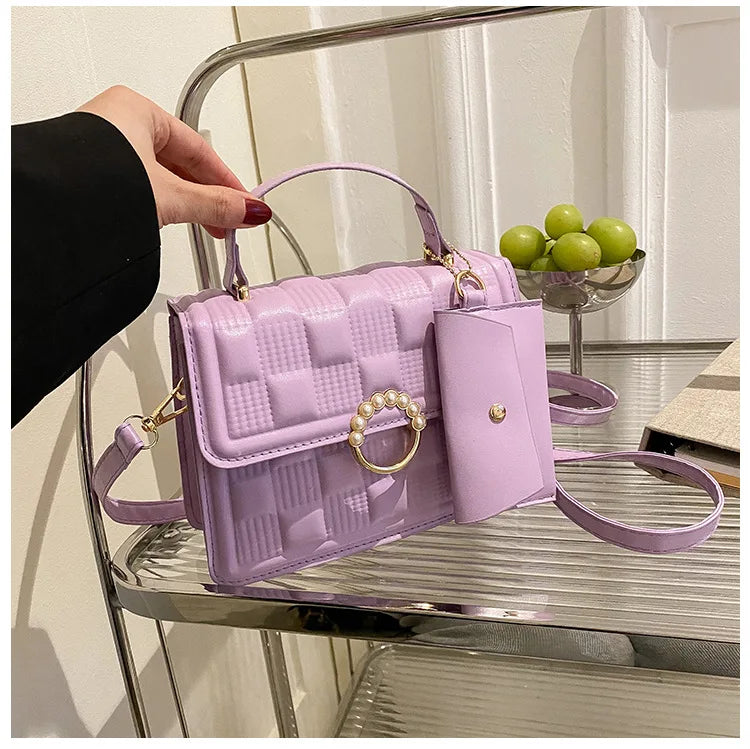 2024 New Fashion Solid Color Shoulder Bag Handbag Lattice Zipper Pu Handbags for Women 2 Pcs 1 Set Bags Woman Ladies