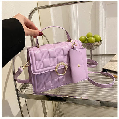 2024 New Fashion Solid Color Shoulder Bag Handbag Lattice Zipper Pu Handbags for Women 2 Pcs 1 Set Bags Woman Ladies