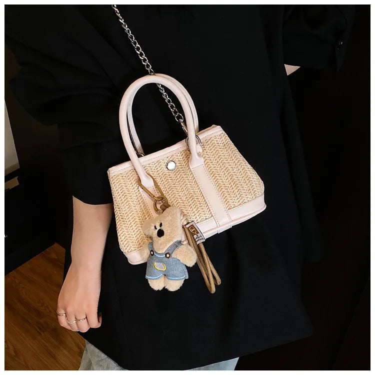Casual Contrast Color Fashon Lady Straw Handbag for Women Versatile Work Shoulder PU Messenger Bag  Women Bags Designer