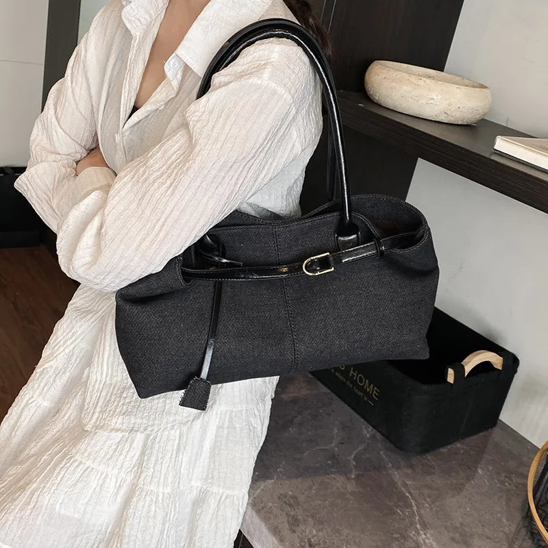 2025 Crossbody Bag Luxury Fashion Large Capacity Denim Bowling Bag Single Shoulder Underarm Color-Blocking Tote Polyester Zipper