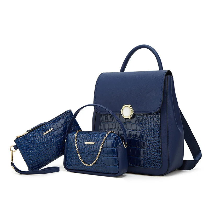 Three Piece Set Crocodile Grain PU Backpack Classic and Versatile Pure Color Handbags Elegant Fashion Bags for Women