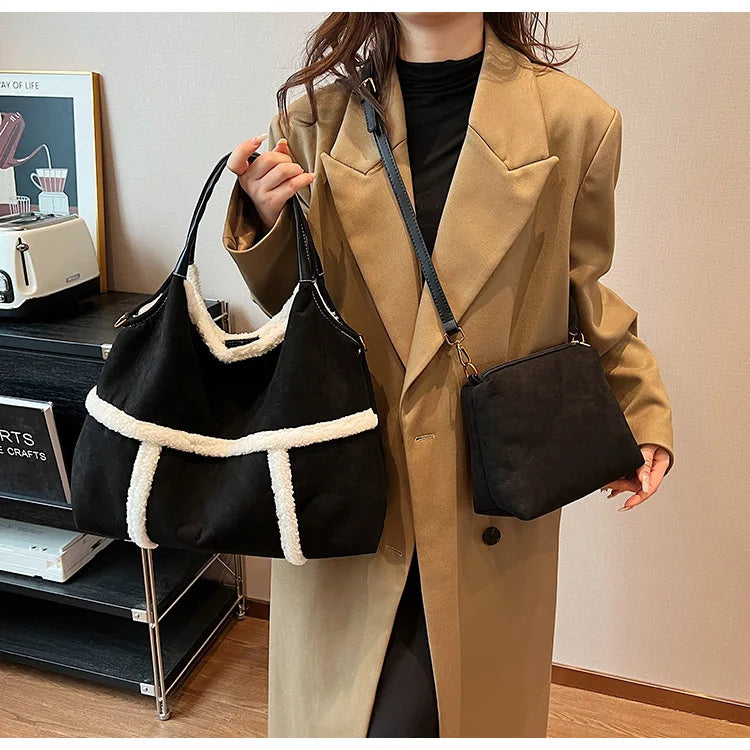 Bag 2024 Fall and Winter New Suede Women's Handbag Large Capacity Splicing Tote Shoulder Bag Retro Plush Two-Piece Crossbody Bag