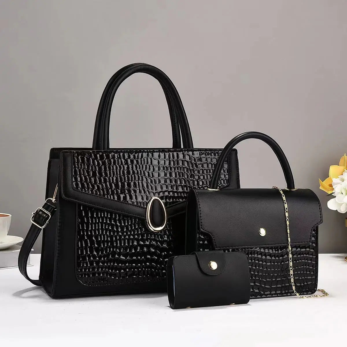 China Shopping Online Handbags for Women Luxury Designer Zipper Shiny Shoulder Crossbody PU Bag Set 2 in 1 Ladies Handbags