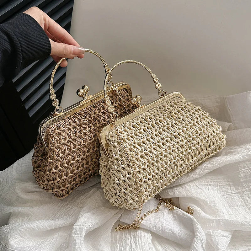 2025 Simple and Fashionable Shell Shoulder Handbag Straw Handbag Design Summer Woven Bohemian Evening Handbag for Women