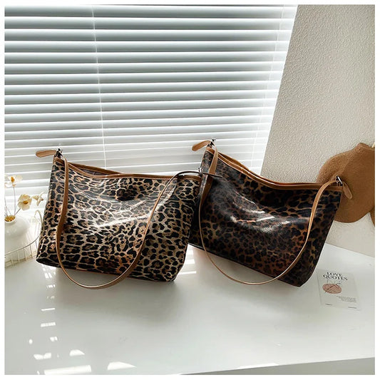 New Retro Leopard Print Handbag Popular PU Magnetic Button Shoulder Bag Large Capacity square Fashion Bags for Women