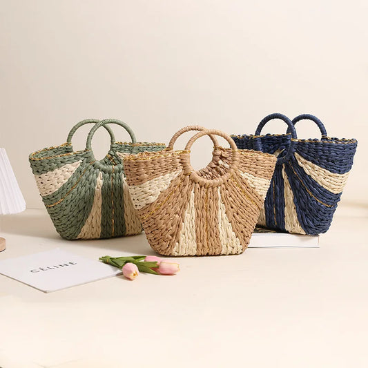 Golden Silk Hand-held Straw Fashion Lady Bag New Large-capacity Tote Basket Open Paper Bag Lock Open Women Bags Designer