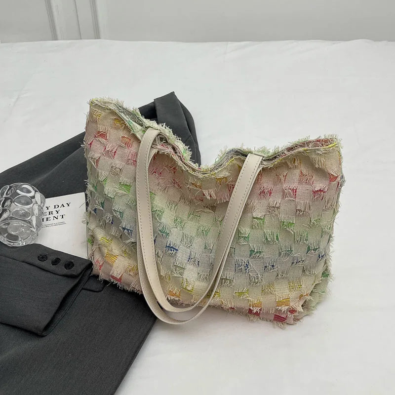 Women's Large Capacity Simple Beautiful Rainbow Geometric Design Crossbody Shopping Shoulder Bag Zip Closure Fashion Style