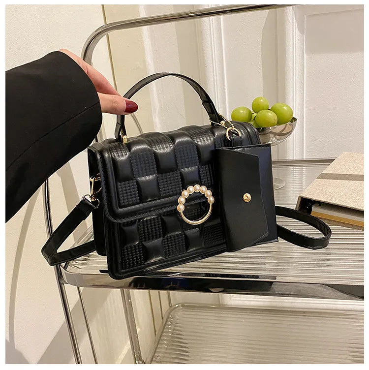 2024 New Fashion Solid Color Shoulder Bag Handbag Lattice Zipper Pu Handbags for Women 2 Pcs 1 Set Bags Woman Ladies