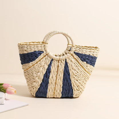 Golden Silk Hand-held Straw Fashion Lady Bag New Large-capacity Tote Basket Open Paper Bag Lock Open Women Bags Designer