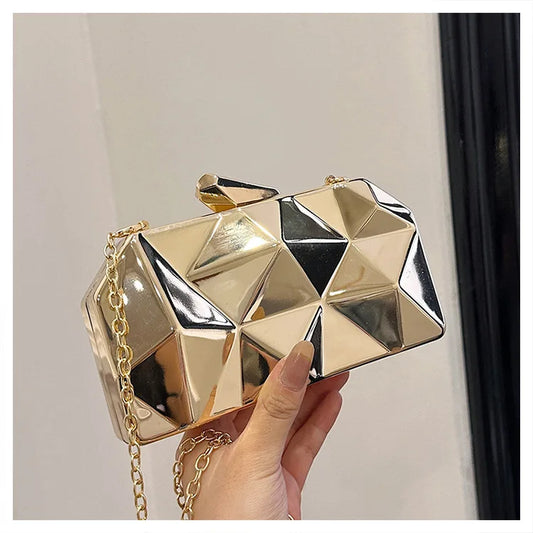 New Fashion Ladies Designer Bags Irregular Rhombus & Square Pattern Metal Chain Clutch Shoulder Bag