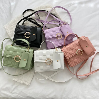 2024 New Fashion Solid Color Shoulder Bag Handbag Lattice Zipper Pu Handbags for Women 2 Pcs 1 Set Bags Woman Ladies