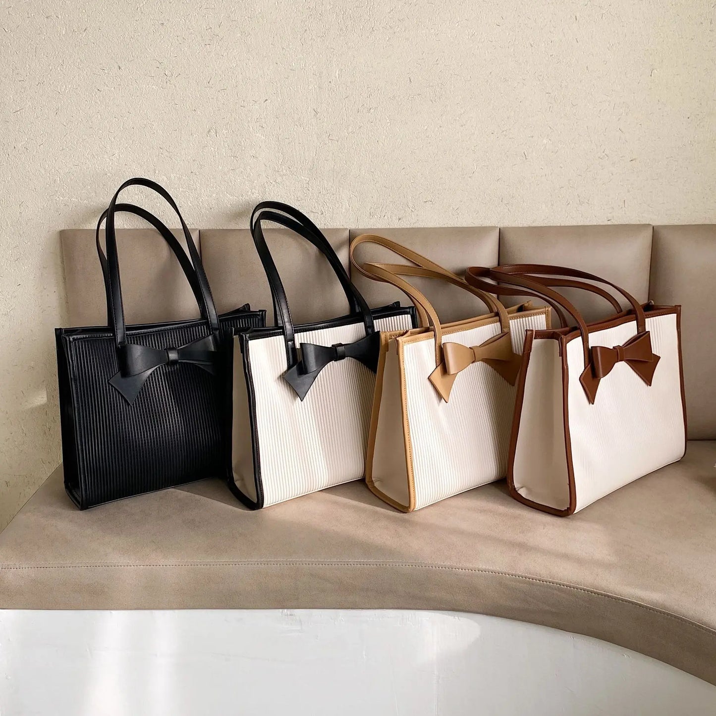 Bow Tie Collision Color Popular Bag Female 2024 New Tide Fashion Large Capacity Shoulder Bag Pu Leather Korean Handheld Tote Bag