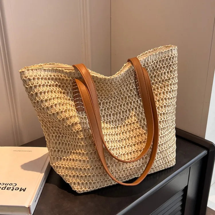 2025 Hot Selling Summer Vacation Woven Bag Girls Casual Ins Large Capacity Handbag Shoulder Print Tote Bag