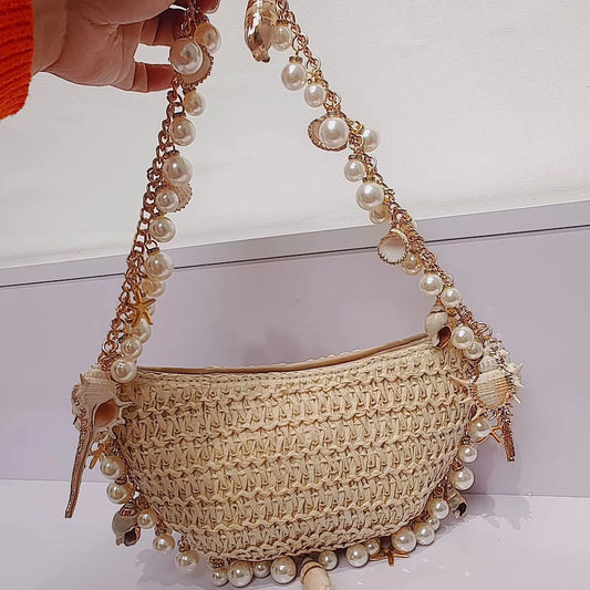 2025 Fashion Spring and Summer Pearl Conch Straw Braided Handbag New Woven Bag with Pu Material