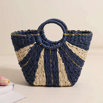 Golden Silk Hand-held Straw Fashion Lady Bag New Large-capacity Tote Basket Open Paper Bag Lock Open Women Bags Designer