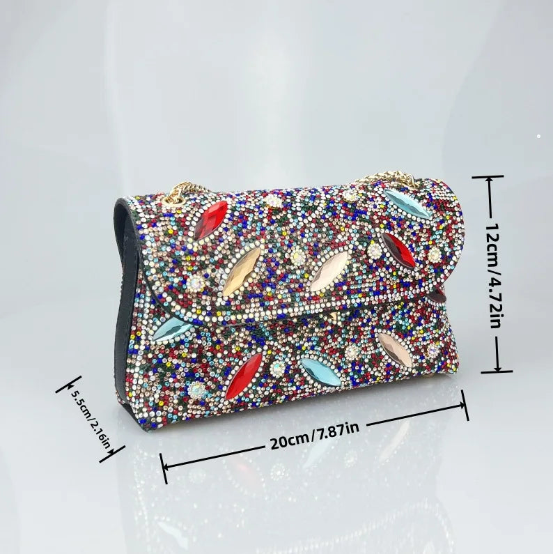 Tendencia Chain Bag with Diamonds for Women Branded Handbags for Women Zipper Pu Polyester Bags with Full Stone for Women