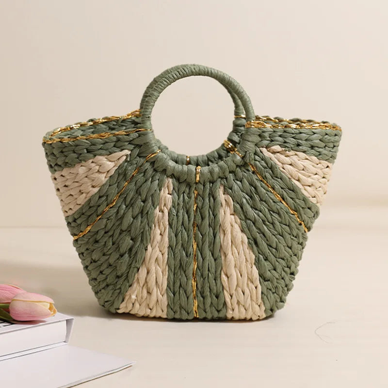 Golden Silk Hand-held Straw Fashion Lady Bag New Large-capacity Tote Basket Open Paper Bag Lock Open Women Bags Designer