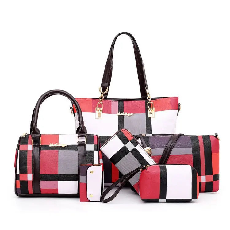 New Fashion Luxury Handbags New 6 PCS Set Women Plaid Colors Handbag Female Shoulder Bag Travel Shopping Fashion Bags for Women