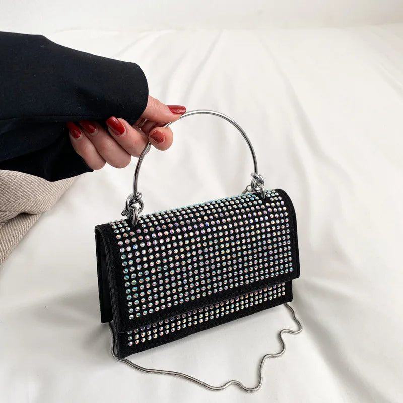 Bright Diamond Woman Vintage Crossbody Shoulder Bag High Quality Chain Small Square Custom Messenger  Shoulder Hand Bag