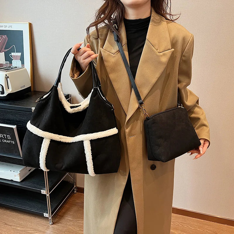 Bag 2024 Fall and Winter New Suede Women's Handbag Large Capacity Splicing Tote Shoulder Bag Retro Plush Two-Piece Crossbody Bag