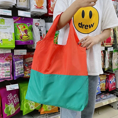 Two-Color Splicing Letter Large Capacity Portable Polyester Folding Satchel Waterproof Shoulder Bag Environmentally Friendly