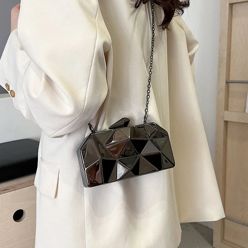 New Fashion Ladies Designer Bags Irregular Rhombus & Square Pattern Metal Chain Clutch Shoulder Bag