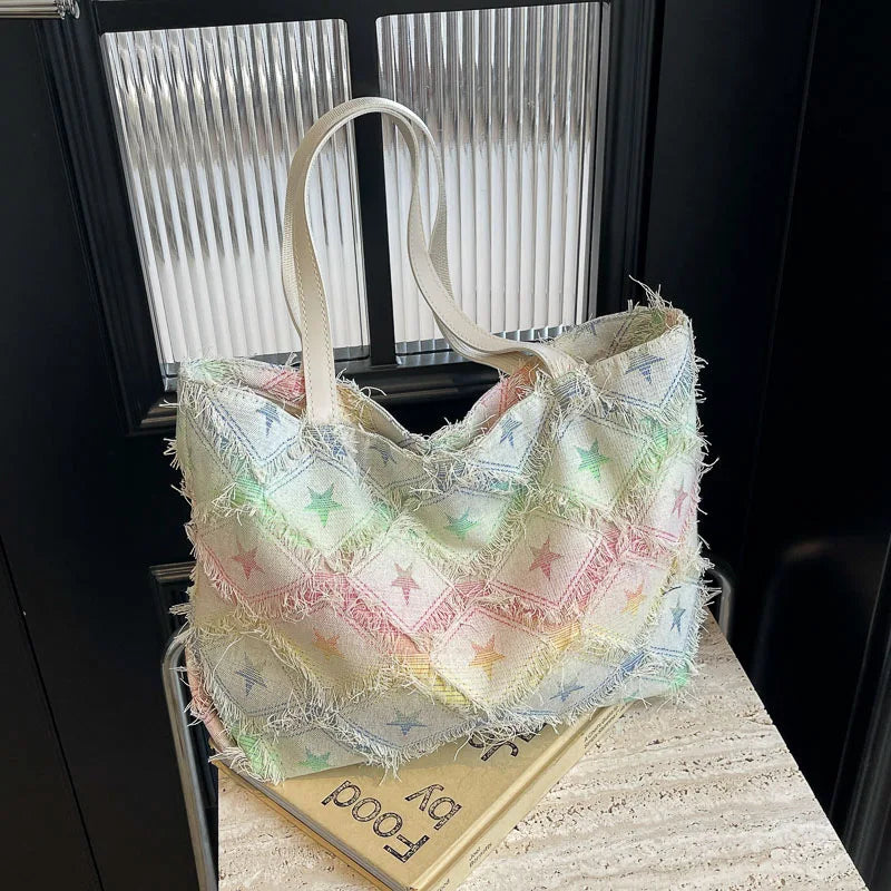 Women's Large Capacity Simple Beautiful Rainbow Geometric Design Crossbody Shopping Shoulder Bag Zip Closure Fashion Style