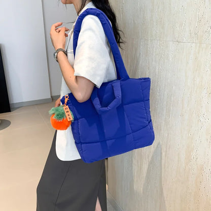 Fashion Down Women's Large Capacity Tote Bag  Nylon Designer Zipper Handbag for Outdoor Square Grid Handbag Shoulder Bag