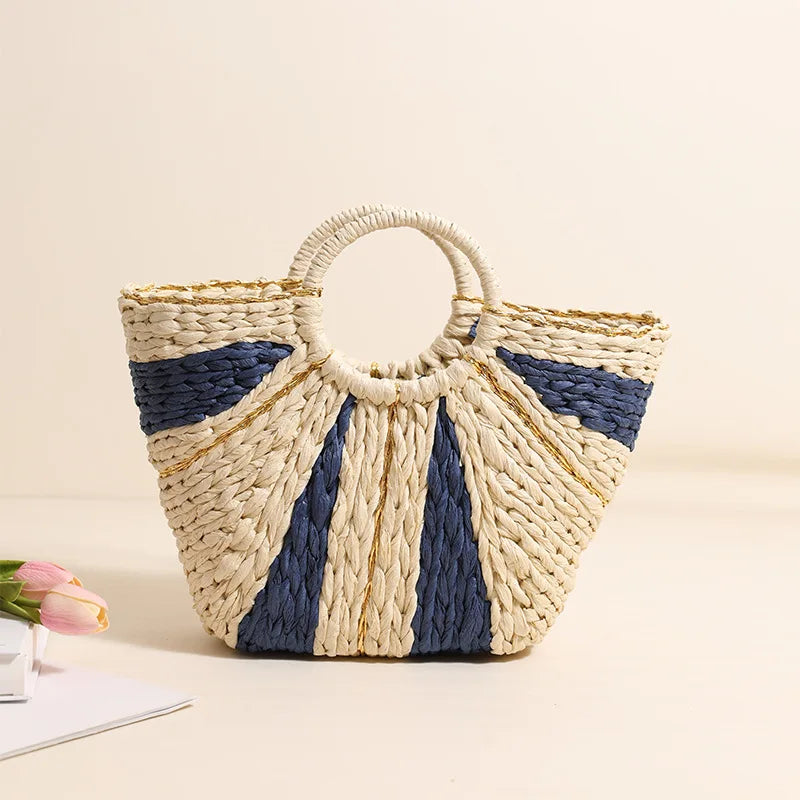 Golden Silk Hand-held Straw Fashion Lady Bag New Large-capacity Tote Basket Open Paper Bag Lock Open Women Bags Designer