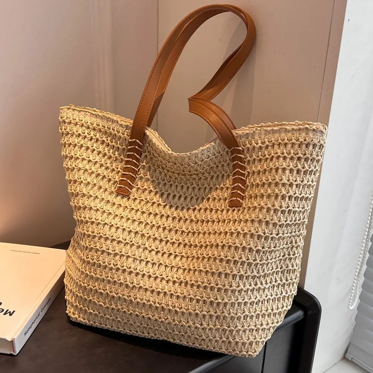 2025 Hot Selling Summer Vacation Woven Bag Girls Casual Ins Large Capacity Handbag Shoulder Print Tote Bag