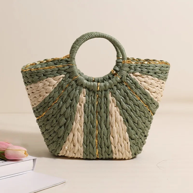 Golden Silk Hand-held Straw Fashion Lady Bag New Large-capacity Tote Basket Open Paper Bag Lock Open Women Bags Designer