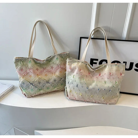 Women's Large Capacity Simple Beautiful Rainbow Geometric Design Crossbody Shopping Shoulder Bag Zip Closure Fashion Style