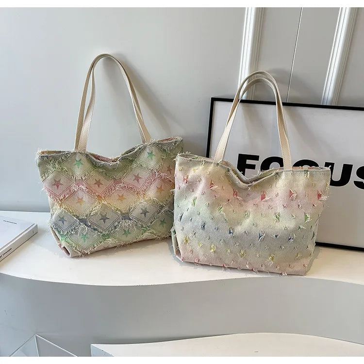 Women's Large Capacity Simple Beautiful Rainbow Geometric Design Crossbody Shopping Shoulder Bag Zip Closure Fashion Style