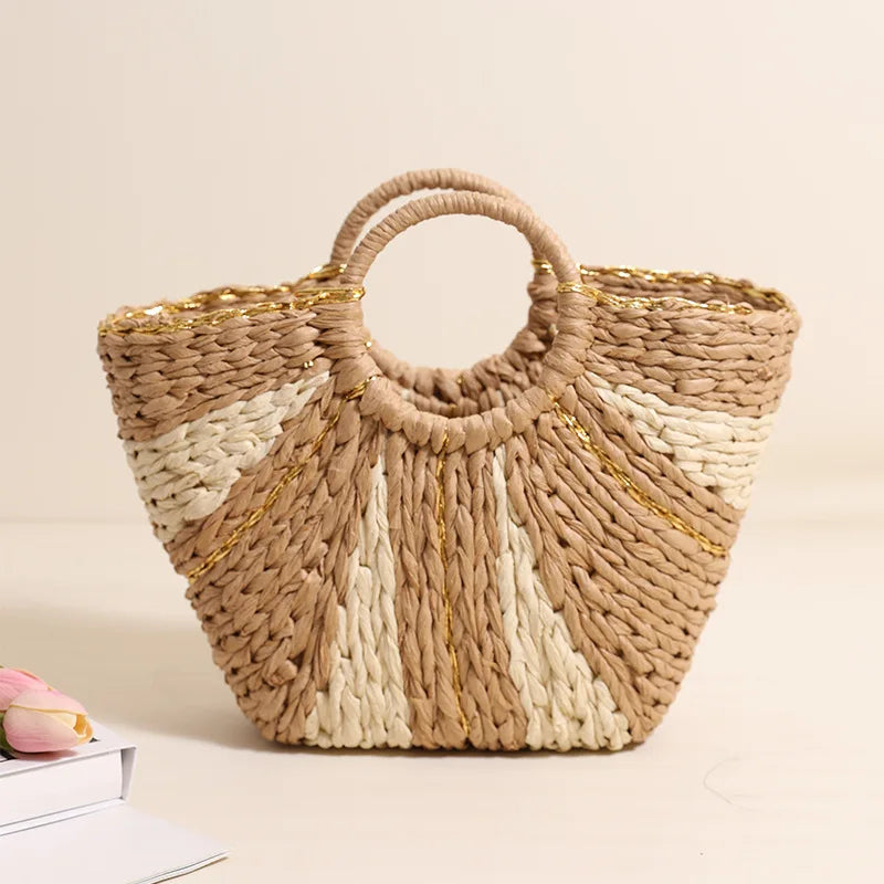 Golden Silk Hand-held Straw Fashion Lady Bag New Large-capacity Tote Basket Open Paper Bag Lock Open Women Bags Designer