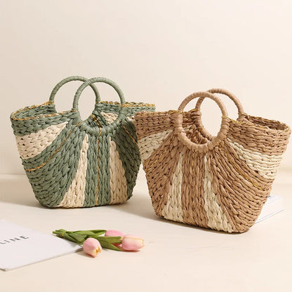 Golden Silk Hand-held Straw Fashion Lady Bag New Large-capacity Tote Basket Open Paper Bag Lock Open Women Bags Designer