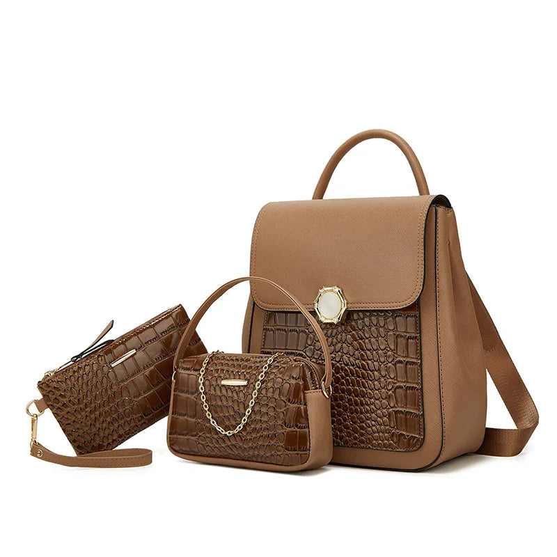 Three Piece Set Crocodile Grain PU Backpack Classic and Versatile Pure Color Handbags Elegant Fashion Bags for Women