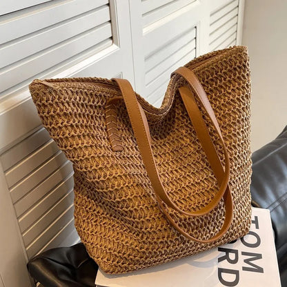 2025 Hot Selling Summer Vacation Woven Bag Girls Casual Ins Large Capacity Handbag Shoulder Print Tote Bag