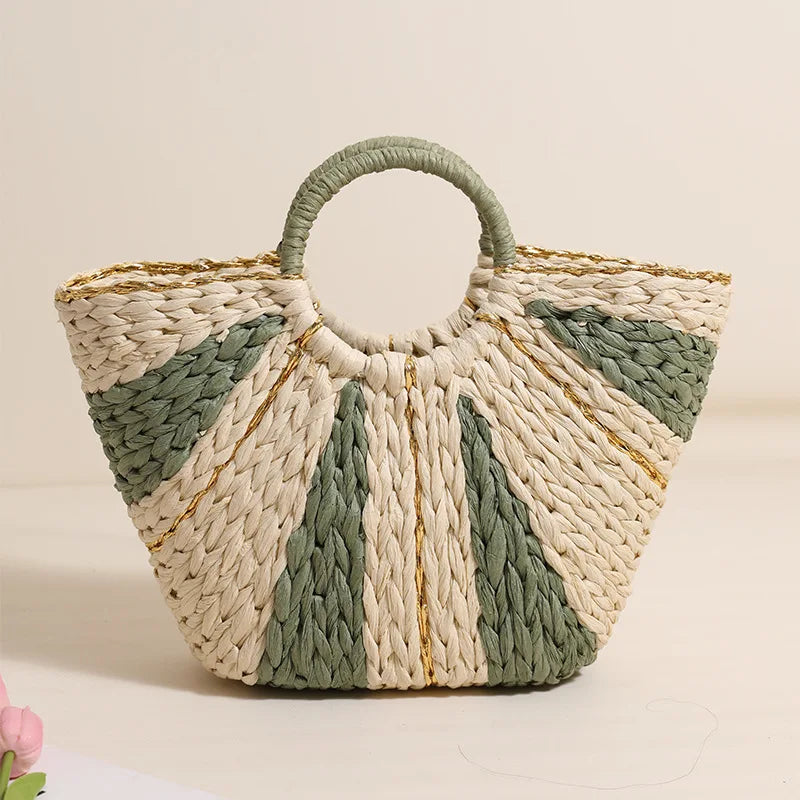 Golden Silk Hand-held Straw Fashion Lady Bag New Large-capacity Tote Basket Open Paper Bag Lock Open Women Bags Designer