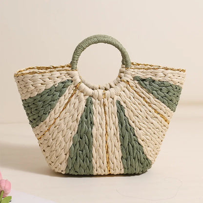 Golden Silk Hand-held Straw Fashion Lady Bag New Large-capacity Tote Basket Open Paper Bag Lock Open Women Bags Designer