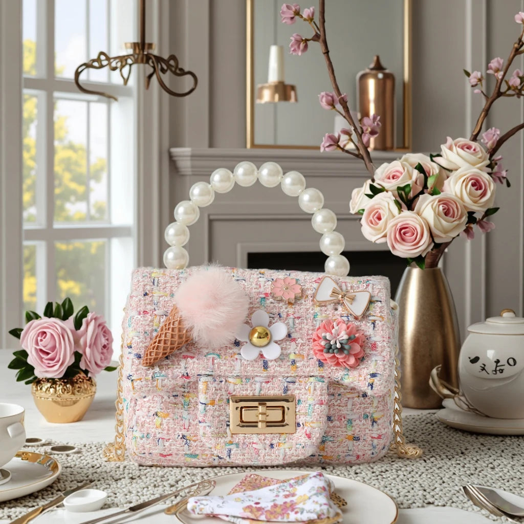 Well-Designed Princess Cute Baby Fashion Pearl Handbag Fashionable Kids Girls Mini Storage Bag Polyester PU Zipper Handbag