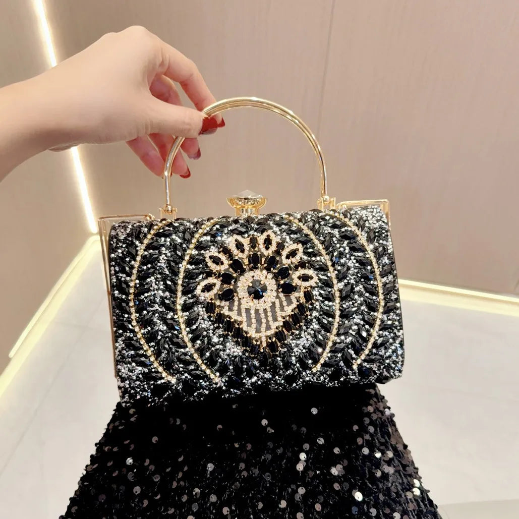 2025 Wholesale Handbag Design Glittering Gold Fashion Temperament Dinner Party Bag Rhinestone Evening Bag Chain for Party